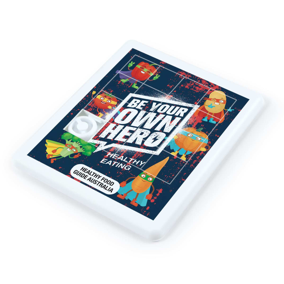 Colorful poster promoting healthy eating with the text Be Your Own Hero in bold. Illustrations of various cartoon fruits and vegetables, such as an apple and carrot, are included. Labeled Healthy Food Guide Australia at the bottom.