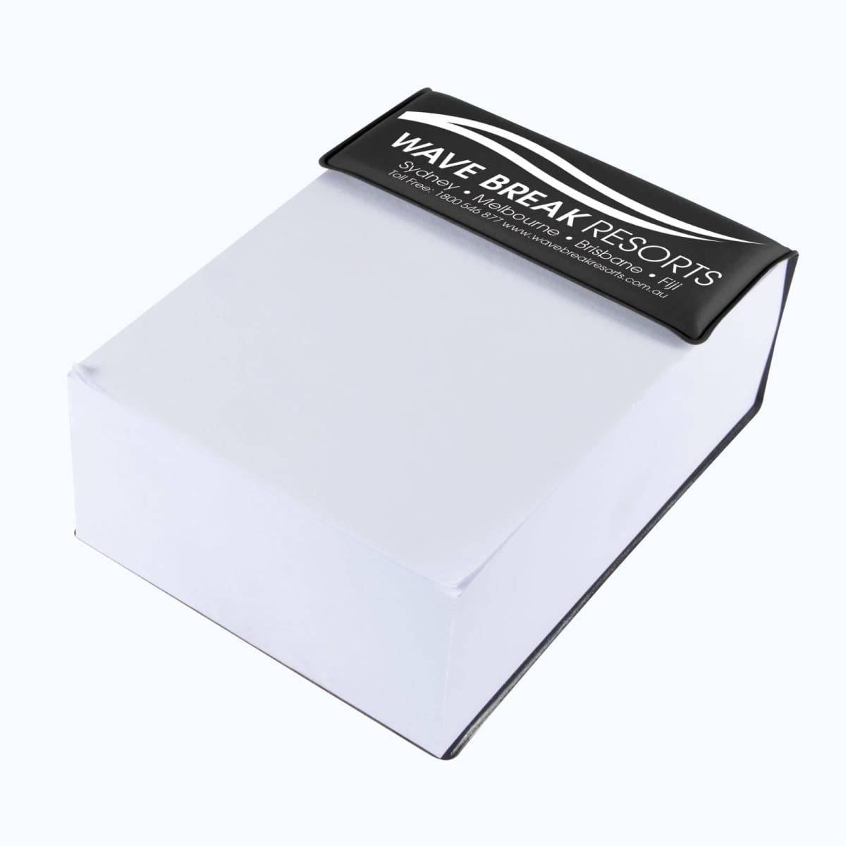 A white box with a sleek black flap on top featuring the text Wave Break Resorts and contact information. The box has a clean, minimalist design.