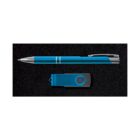 A blue retractable pen with silver accents is placed above a blue swivel USB flash drive on a black surface.