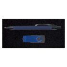 A blue and black ballpoint pen and a blue USB flash drive with a rotating cover are placed side by side on a textured black background.