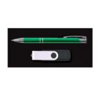 A green and silver retractable pen sits above a white and black USB flash drive on a black background.