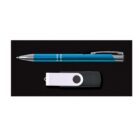 A blue and silver pen with a clip is placed on top of a black background. Below the pen is a black and white USB flash drive with a swivel cover.