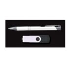A white and silver pen and a black and white USB flash drive are placed side by side on a solid black background.