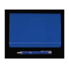 A blue notebook with an elastic band closure is placed on a black background. Below the notebook, there is a blue pen with a silver clip and tip, laid horizontally.