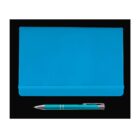 A closed blue notebook with an elastic band is placed on a black background. A blue pen with silver accents is positioned below the notebook, parallel to its bottom edge.
