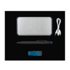 A silver power bank, a white multi-port USB cable, a stylus pen, and a blue USB flash drive are arranged on a black background.