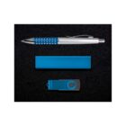 A set of blue and silver office items on a black background. Includes a pen with a decorated grip, a rectangular power bank, and a USB flash drive.