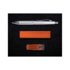 A silver pen, an orange rectangular object, and an orange flash drive are arranged on a black background.