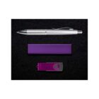 A silver pen with a textured grip, a rectangular purple power bank, and a purple USB flash drive with a swivel cover, all arranged on a black surface.