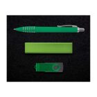 Image of a green pen, a green rectangular box, and a green USB flash drive with a swivel cover, arranged on a black background.