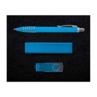 A set of three blue office items on a black background: a ballpoint pen with silver details, a rectangular power bank, and a USB flash drive with a swivel cover.