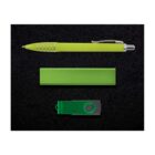 A green pen, a green rectangular box, and a green USB flash drive are arranged against a black background.