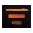 A set on a black background featuring an orange pen, a rectangular orange power bank, and an orange USB flash drive with a swivel cover.