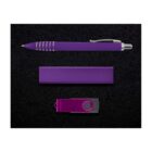 A purple ballpoint pen, a sleek rectangular case, and a purple USB flash drive with a swivel cover are arranged on a black surface.