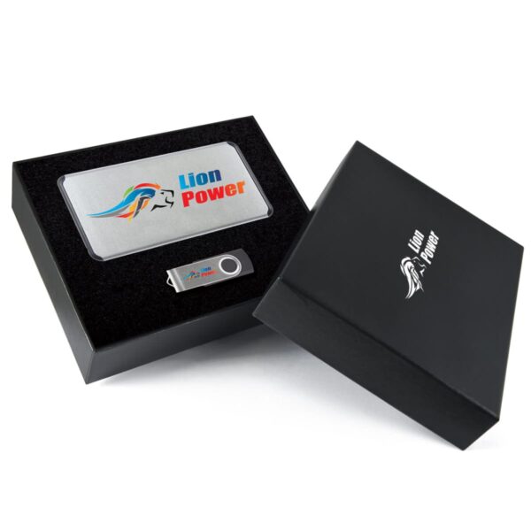 Black gift box with Lion Power logo contains a metal power bank and a USB drive. The items rest in black foam. The lid of the box is open and also displays the Lion Power logo.