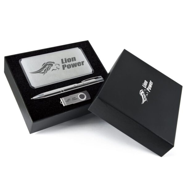 A black gift box with Lion Power branding contains a metal business card holder, a silver pen, and a USB drive. The box lid is slightly open, revealing a foam interior holding the items securely.