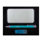 A rectangular metal case, a glossy teal pen with silver accents, and a matching teal USB drive with a black base are neatly arranged on a black background.