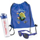 A blue drawstring bag with a snorkeling design, a matching blue pair of sunglasses, and a clear water bottle with Lifes an Adventure in red text. The bag features images of a snorkeler, fish, and bubbles.