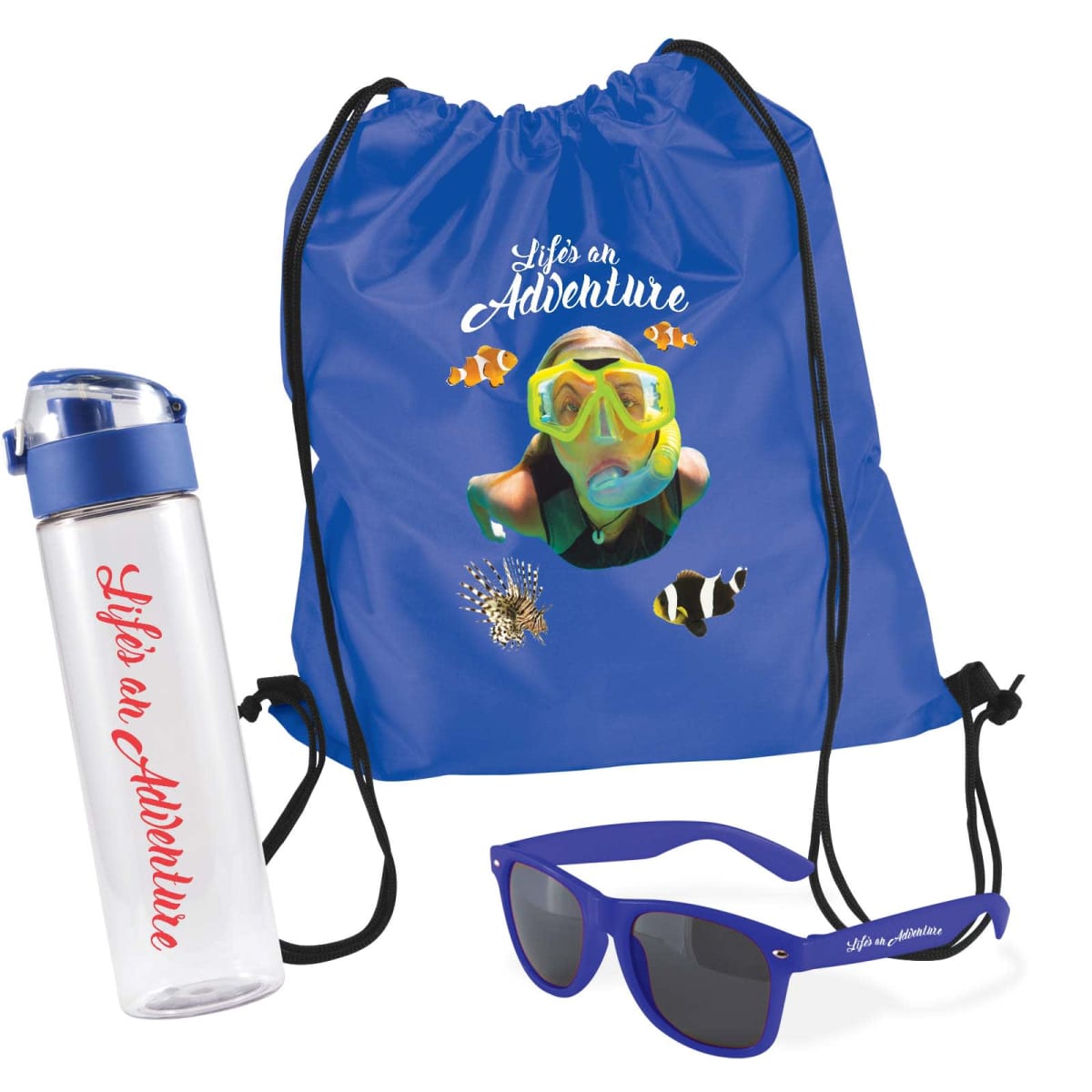 A blue drawstring bag with a snorkeling design, a matching blue pair of sunglasses, and a clear water bottle with Lifes an Adventure in red text. The bag features images of a snorkeler, fish, and bubbles.