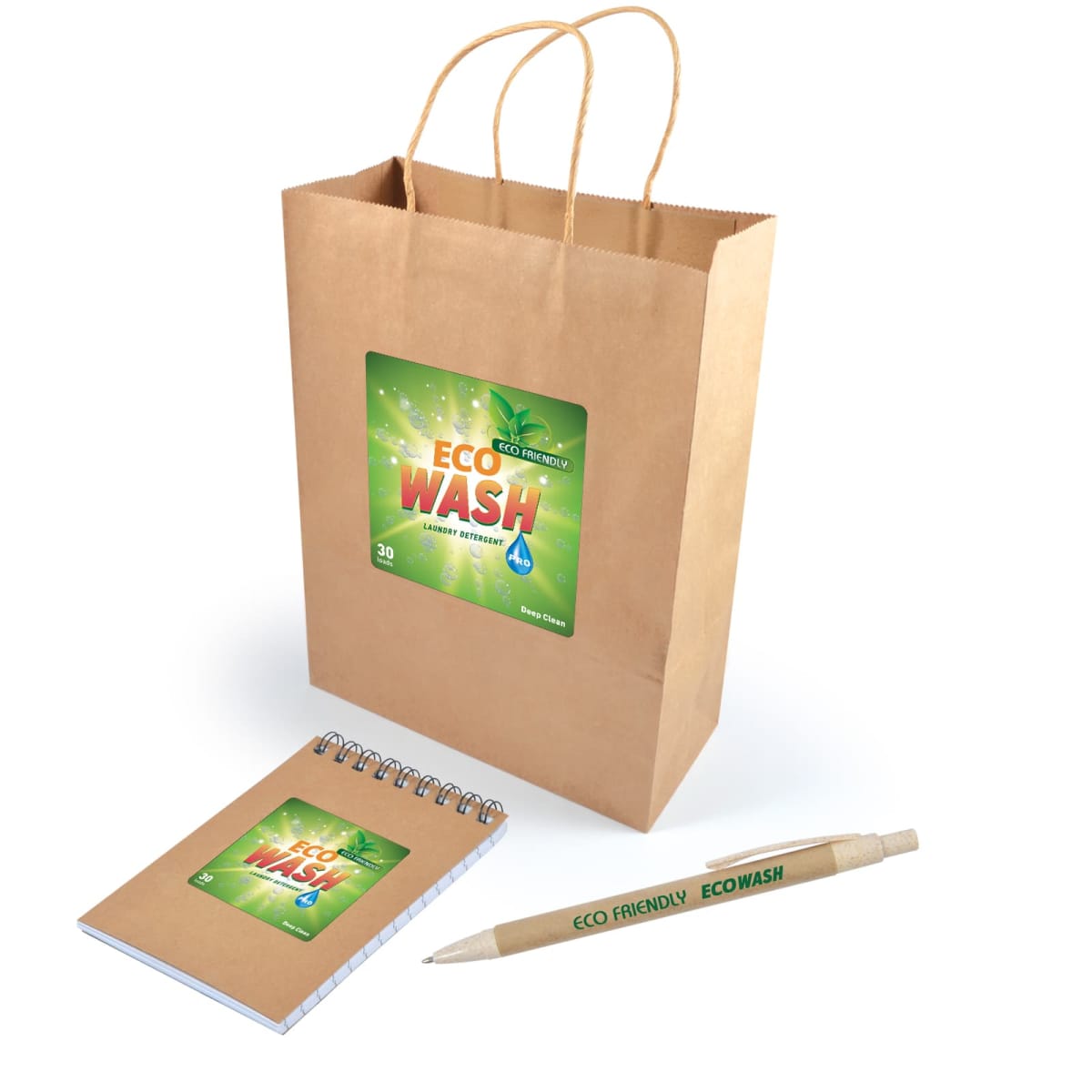 Brown paper bag labeled Eco Wash with a notebook and pen, each featuring the same branding. The notebook, pen, and bag emphasize eco-friendly, sustainable themes. The pen and notebook are positioned in front of the bag.