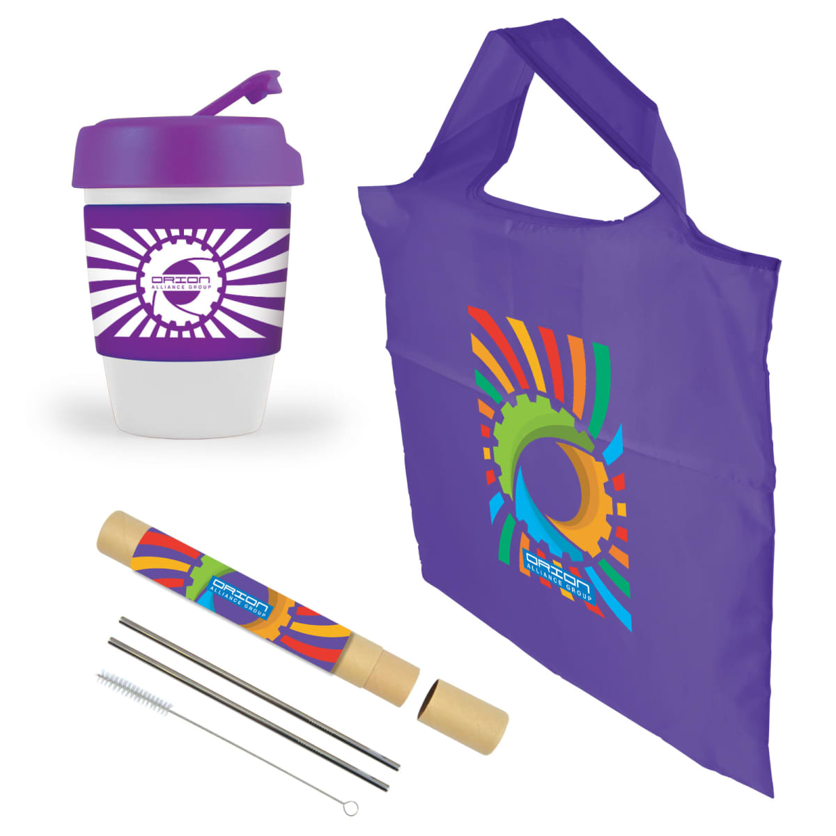 A purple reusable cup with a colorful design, accompanied by a matching purple reusable bag with a similar vibrant pattern. Also shown are metal straws, a cleaning brush, and a cardboard tube packaging.
