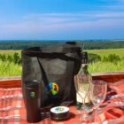 A picnic setup on a plaid blanket features a tote bag, two glasses, a wine bottle, and a thermos, all branded with a colorful logo. The background shows a scenic view of lush green fields and a distant blue sky.