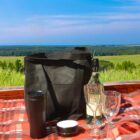 A black tote bag, thermos, wine bottle, two glasses, and a small jar sit on a red plaid picnic blanket. The backdrop features a vast green landscape under a blue sky.