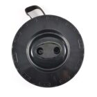 A round, black bear-resistant food canister with a handle on top. The canister features a central lid with two circular openings for locking and ten evenly placed security bolts around the circumference.