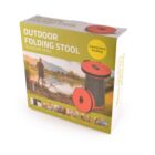 Box packaging for an outdoor folding stool. The box is yellow with images showing the stool in use by a lake, as well as close-ups of the stools features. The stool is black with red ends and is described as telescopic.