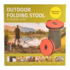 Image of a product box featuring an outdoor folding telescopic stool. The front shows the stool in a compact and extended form, set against a backdrop of people fishing by a lake. The bottom displays various scenes of the stool in use, such as camping and picnics.