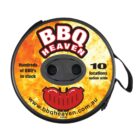 Circular BBQ Heaven advertisement on a BBQ cover, featuring fiery background, bold red text, lips graphic with a smile, and website link. Mentions Hundreds of BBQs in stock and 10 locations nationwide.