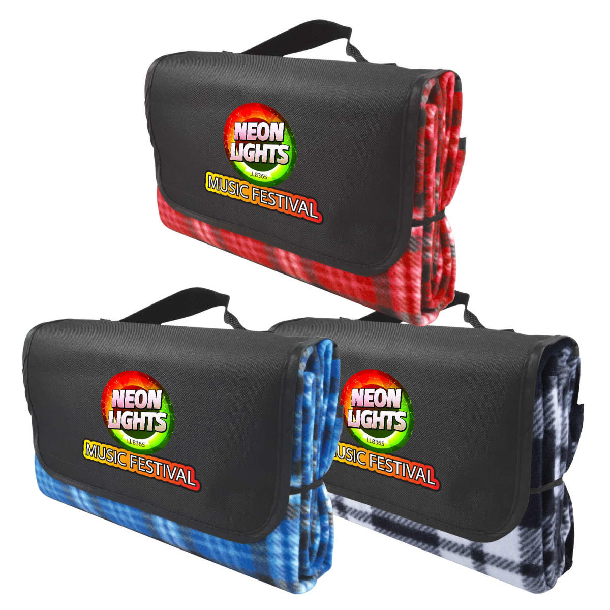 Three folded picnic blankets with black flaps, featuring red, blue, and black plaid designs. Each flap displays the Neon Lights Music Festival logo in vibrant colors.