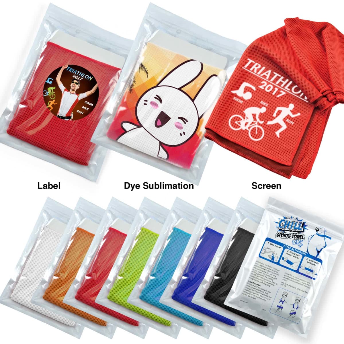 Various athletic towels in packaging with different printing styles: a personalized label, dye sublimation featuring a cartoon rabbit, and screen print showing a triathlon design. Additional towels in multiple colors are displayed below.