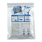 A silver package labeled Chill Sports Towel with a cartoon polar bear. Instructions show three steps: wet towel, wring out, grab ends and snap. Descriptions highlight cooling effect for outdoor activities and SPF 50 protection. Made in China.