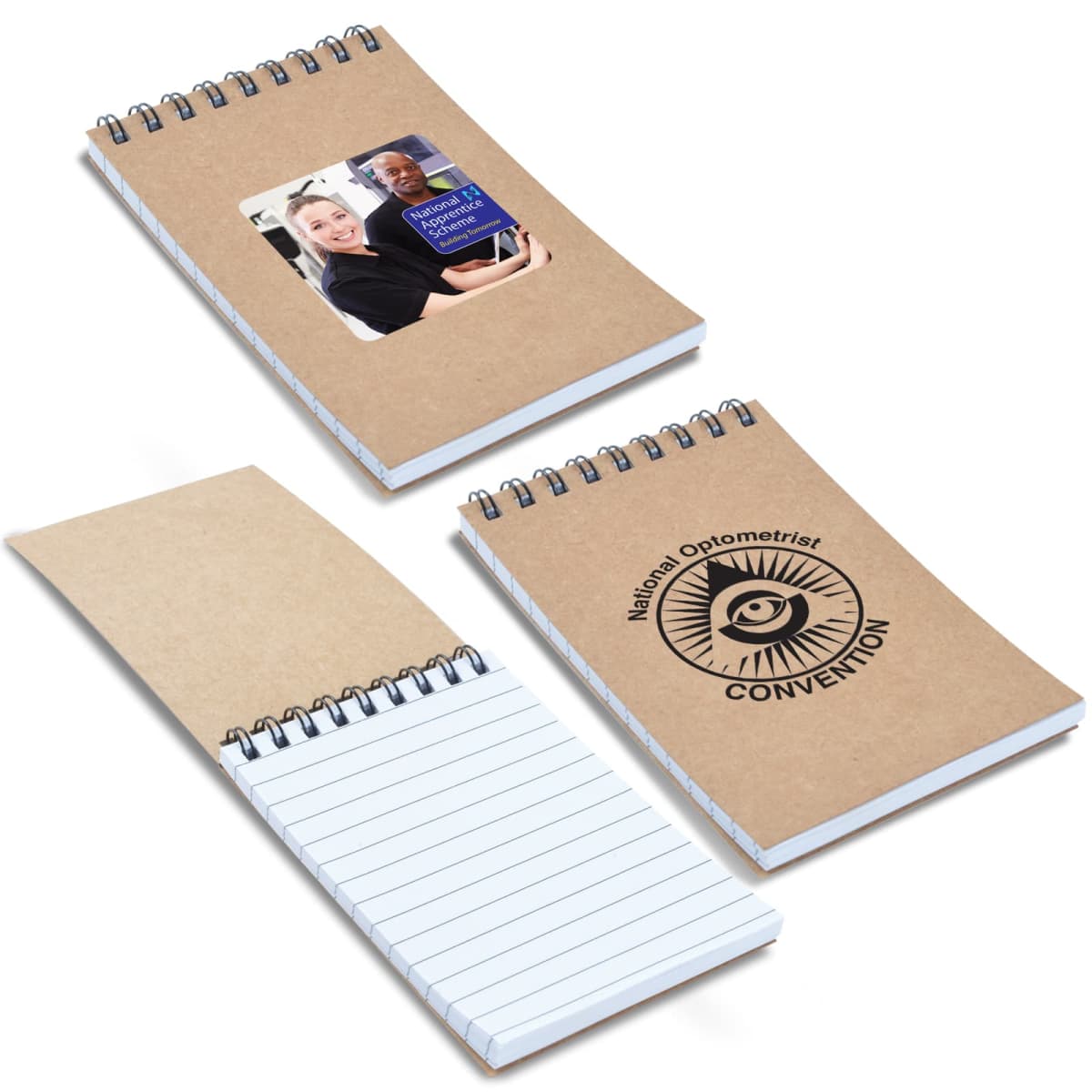 Three spiral-bound notebooks are shown. The first has a cover with a photo of two people. The second features lined pages. The third displays a logo with an eye and reads National Optometrist Convention. All covers are brown.