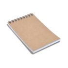 A small spiral-bound notebook with a brown kraft paper cover is placed on a white background. The notebook is slightly tilted, showing the thickness of the pages inside.