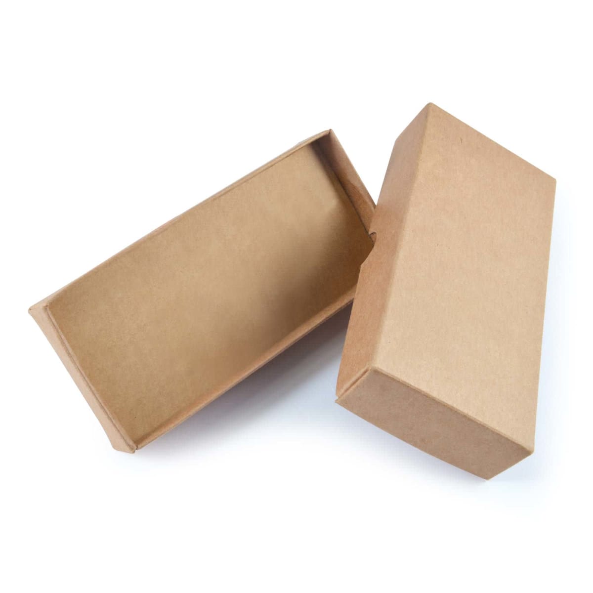 Open cardboard box with lid slightly askew, showing the empty interior on a white background.