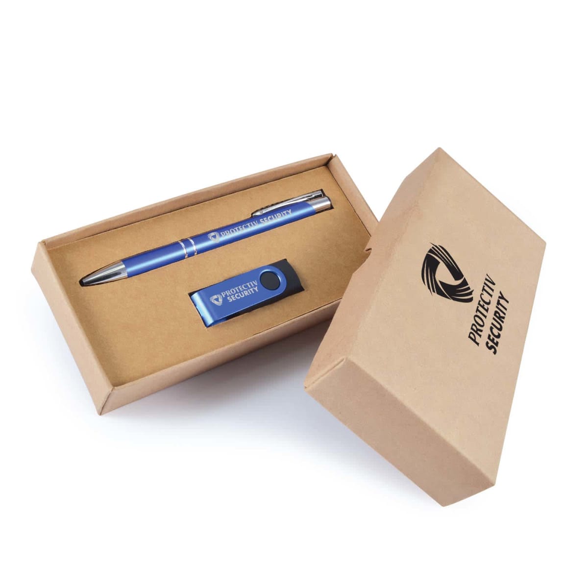 A brown gift box with Protectiv Security logo contains a blue pen and a USB flash drive. The box is slightly open, revealing the items inside.