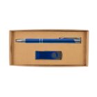 A cardboard gift box containing a blue and silver pen with a clip, and a blue USB flash drive with a metal swivel cover, arranged side by side.
