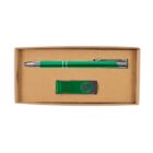 A cardboard box containing a green pen with silver accents and a green USB flash drive with a metal clip. The two items are neatly placed side by side within the box.