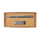 A cardboard box contains a metallic pen and a USB flash drive. The pen is sleek and silver with shiny accents, while the USB drive has a similar metallic finish and a swivel cover.