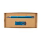 A brown box containing a blue pen and a black and blue USB flash drive. The pen has silver accents, and both items are neatly arranged in separate compartments within the box.