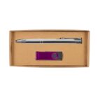 A cardboard box containing a silver pen and a purple USB flash drive, both neatly placed inside the box.