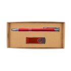 A cardboard box containing a red pen with silver accents and a red USB flash drive with a metal swivel cover.