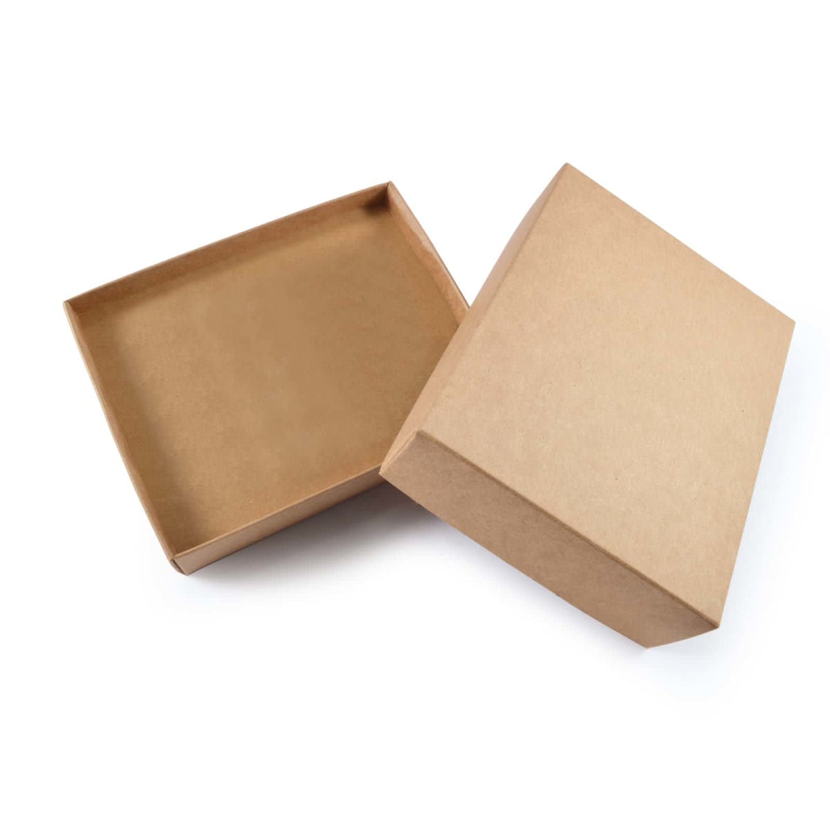 Open brown cardboard box with its lid placed slightly off to the side on a white background. The box and lid have a plain, recycled appearance, suggesting it is suitable for packaging or storing items.
