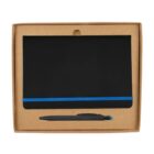 A cardboard box with a black electronic writing tablet and a stylus pen. The tablet has a blue frame edge, and the stylus is black with a blue tip. The tablet and pen are neatly placed in the packaging.