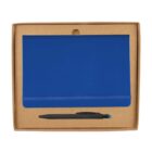 A blue notebook with an elastic band is placed in a cardboard box. Below the notebook, a black pen with a blue tip is lying horizontally. The box has a simple design with a notch at the top for easy opening.