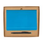 A blue notebook with an elastic band closed, presented in a brown cardboard box. Below the notebook is a black pen with a blue tip.