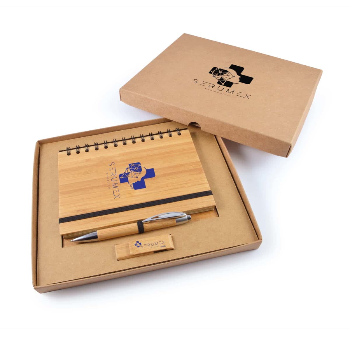 A bamboo-themed gift set includes a spiral notebook, wooden pen, and USB drive, all with a matching logo. The items are neatly arranged inside an open cardboard box with the same logo on the lid.