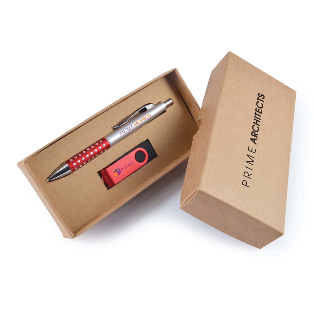 A brown box labeled PRIME ARCHITECTS contains a red and silver pen and a red USB flash drive. The box is open, displaying the items inside on a white background.